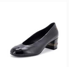 $1578 CHANEL BALLET PUMP BLACK PATENT CAP TOE CRYSTAL GOLD FLAT HEEL CC LOGO 36