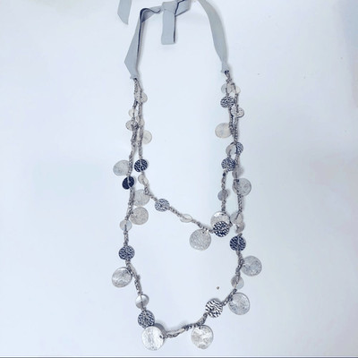 Silver Hammered Disc Beaded Double Layer Necklace Ribbon Tie