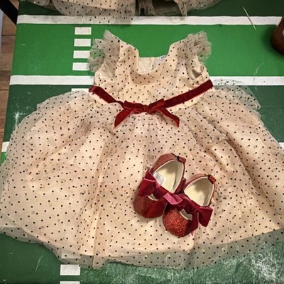 Blueberi Boulevard Girls Polka Dot Dress Bow 6/9M 12M Beige Red Holiday