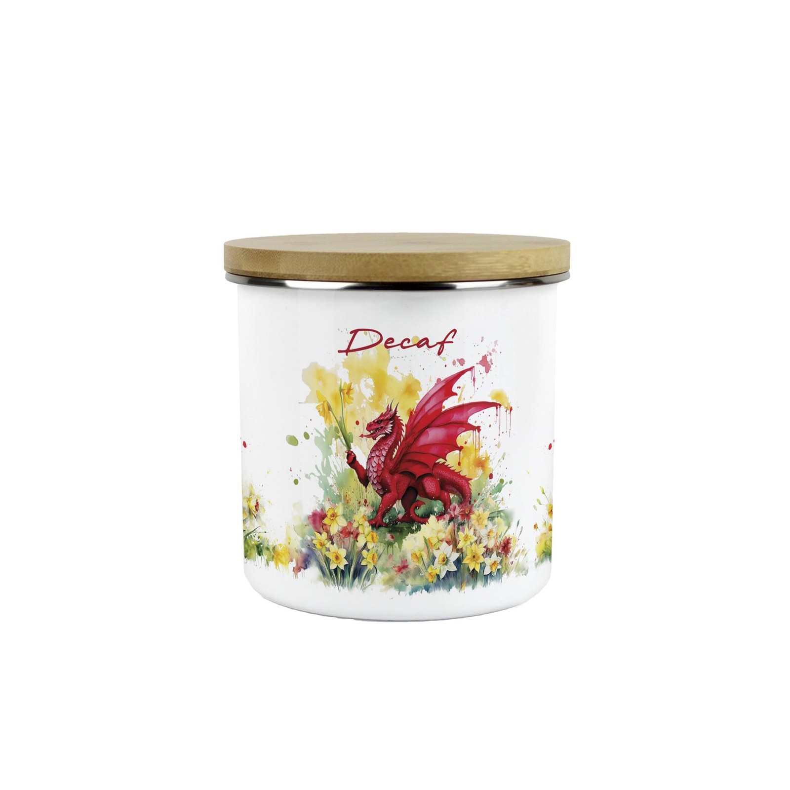 Daffodils & Dragon Welsh Decaf Canister - Cymru Kitchen Storage Jar Gift
