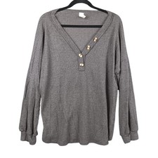 7th Ray Womens Top Large Gray V Neck 3 Button Long Sleeve Ribbed Made in USA