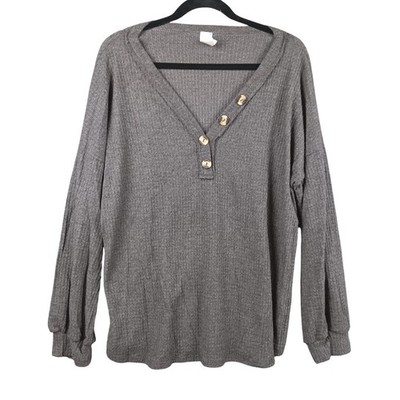 7th Ray Womens Top Large Gray V Neck 3 Button Long Sleeve Ribbed Made in USA