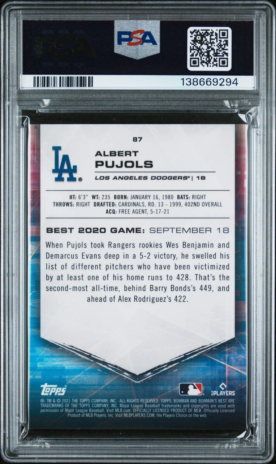 2021 BOWMAN'S BEST GOLD REFRACTOR #87 ALBERT PUJOLS 28/50 PSA 9 view 2