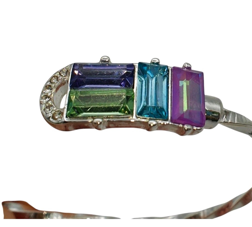 Silver Tone Bangle Bracelet Multi Colored Rhinest… - image 6