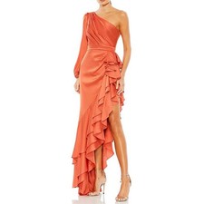 Mac Duggal 49531 Orange Evening Gown Satin One Shoulder High Low Dress Size 12