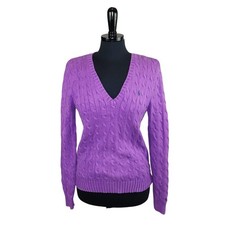 Ralph Lauren Sport 100 Cotton Sweater Purple Cable Knit V Neck XL