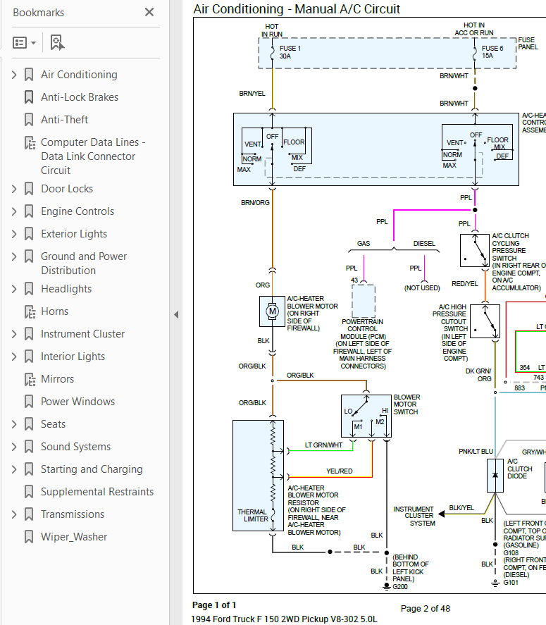 1994 Ford F150 instrument cluster connector pinout diagram