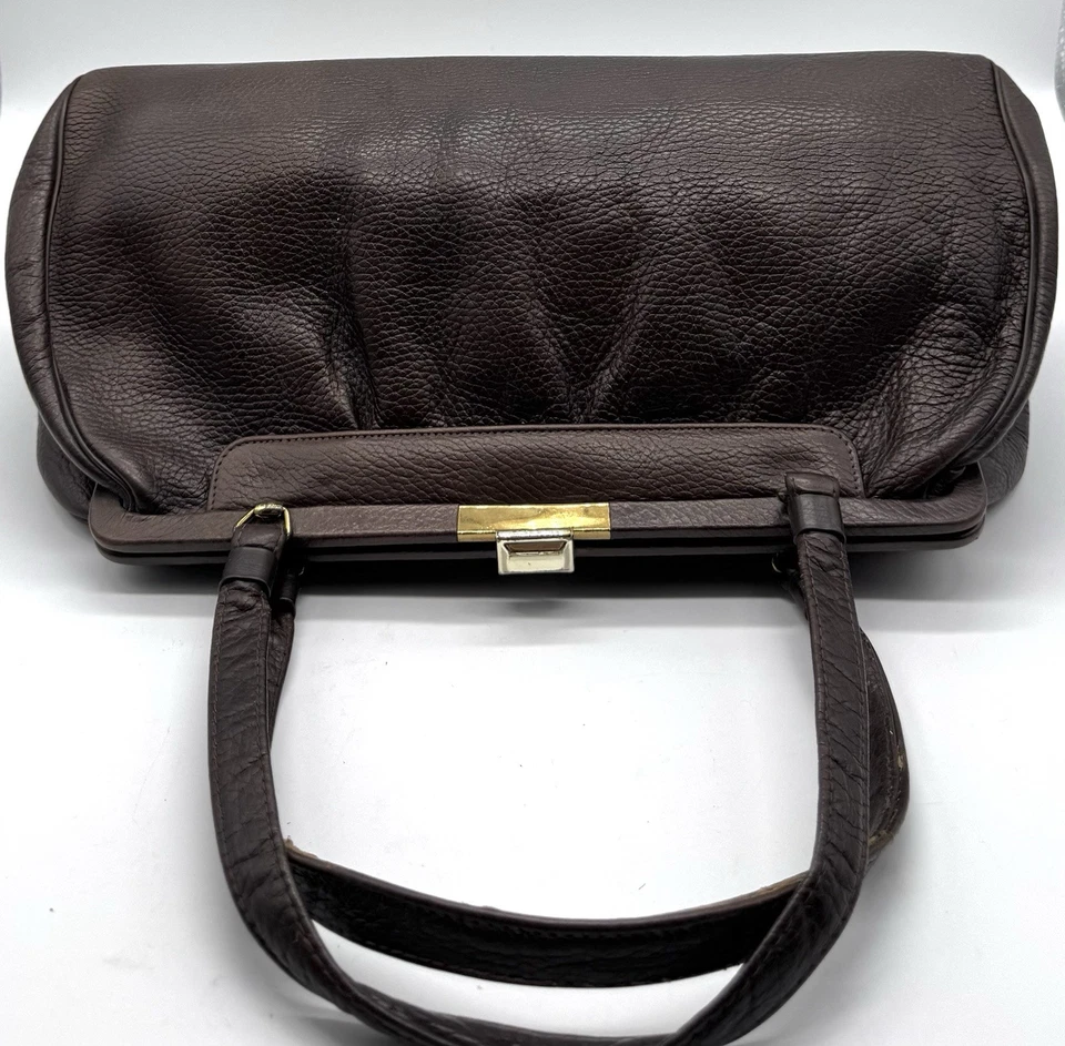 "Cartera de colección con marco de cuero granulado marrón bolso médico asa superior cartera 15"" usada en excelente estado" Foto 3 de 4