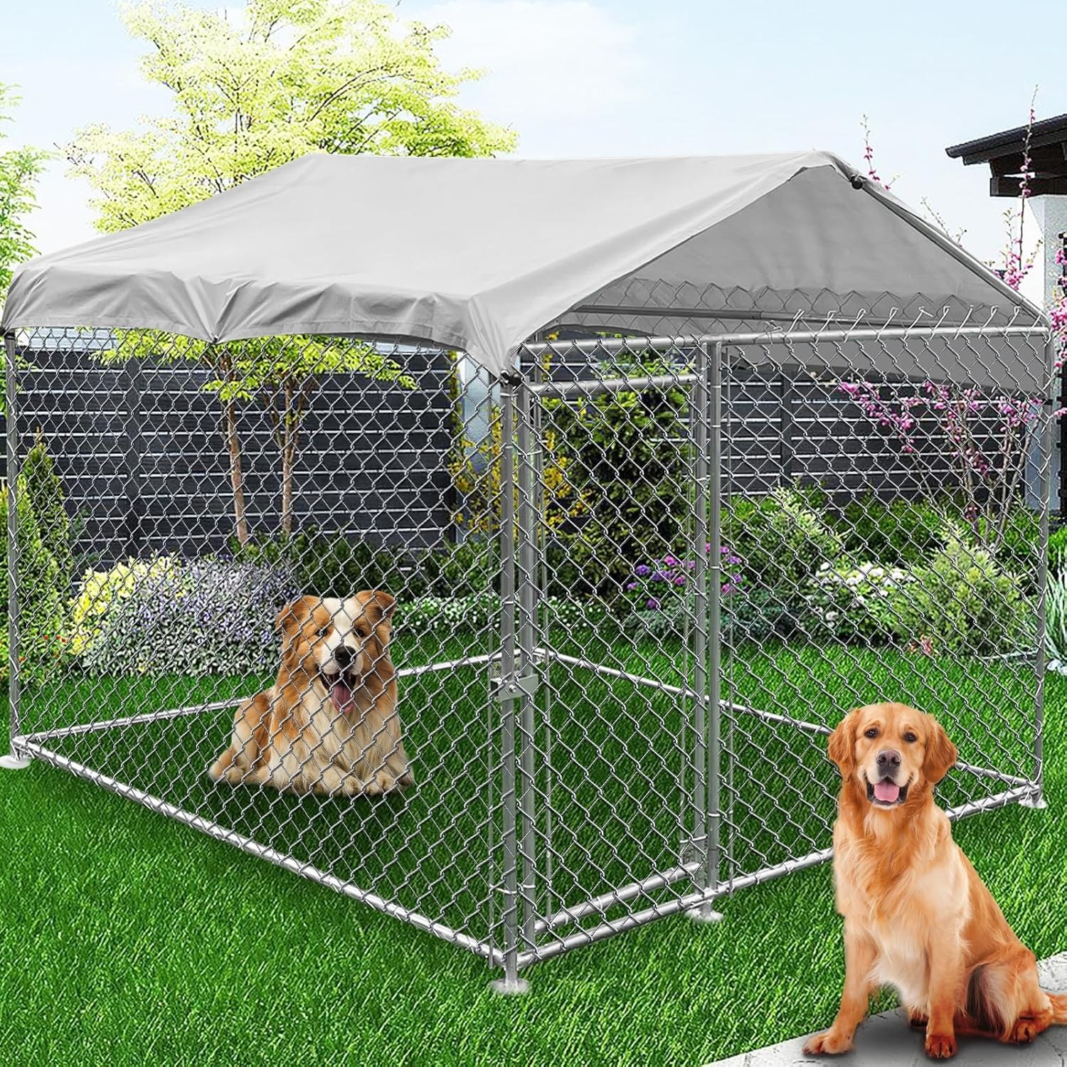Outdoor Metal Dog Kennel with Roof and Playpen for Secure Outside Runs