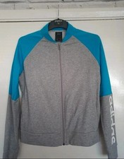 Adidas Women's Track Jacket Size M Medium Grey Blue Full Zip Bomber Yoga Fleece