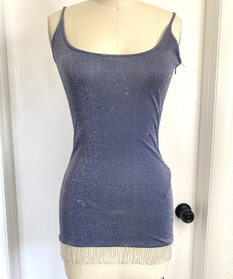 Bebe Y2k  Cami top XS Gray Lurex stretch Metallic Beaded Fringe tank USA Vintage