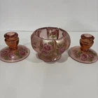 Fenton Art Glass Velva Rose Stretch Glass Bowl & Candle Holders Hand Painted