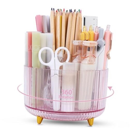 Pen Holder, Pen Organizer With 5 Slots - Aesthetic Clear Pink