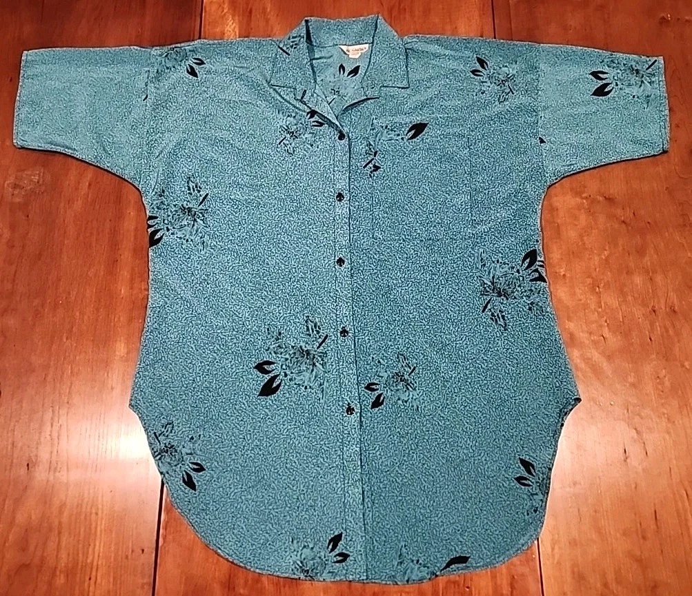 VINTAGE Rose Garden Sky Blue and Black Polyester Squiggle Floral Large ~FITS BIG