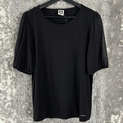New Anne Klein Size M Mesh Puff Sleeve Knit Top Black Women Short Sleeve