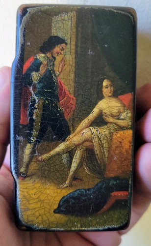 Antique Georgian German Papier Mache Snuff Box Risque Naughty Scene Stobwasser ?