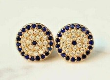 2Ct Lab Created Diamond  Blue Sapphire Halo Stud Earring 14K Yellow Gold Finish