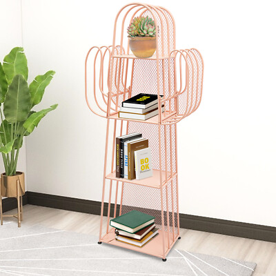 4-Tier Cactus Bookcase Iron Book Shelf W/ Mesh Baffle+6 Compartments For Office