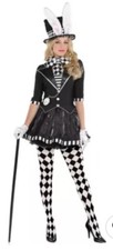 DARK MAD HATTER COSTUME SZ L 10/12 DRESS/TOP HAT/TIGHTS/BOW TIE CHOKER