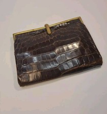 Vintage Art Deco 1940's Dark Brown Soft Alligator Skib Clutch Handbag ~ 20x14 cm