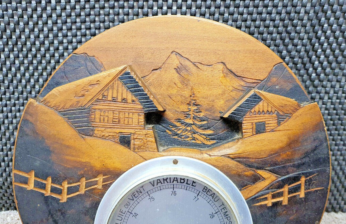 Baromètre Ancien Bois Sculpté Main – Chalet Montagne, Signé Cléal, France