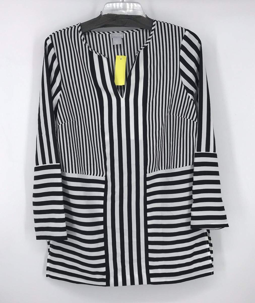 Chicos Size 0 Womens S/4 Black White Striped Long Sleeve