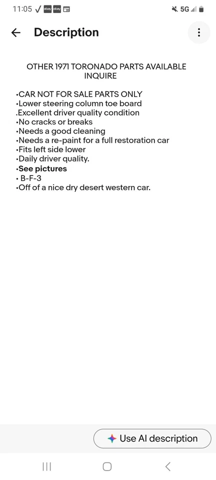 1971 Oldsmobile Toronado Biqueira de Coluna de Direção 1972 CARRO NÃO À VENDA GM FABRICANTE DE EQUIPAMENTO ORIGINAL - Imagem 2 de 4