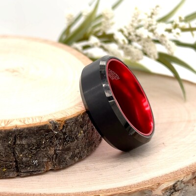 8mm Black & Red Tungsten Promise Ring Brushed Beveled Edges Christmas Gifts Band