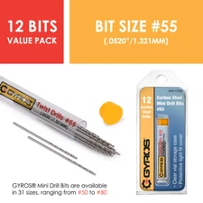 Gyros Carbon Steel Wire Gauge Mini Twist Drill Bits, 12 Micro Carbon Steel bits.