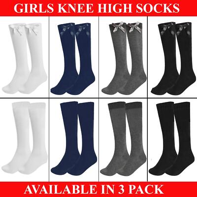 Damen Mädchen kniehohe Socken lange schlichte Baumwolle Schuluniform Schleife 3 Paar