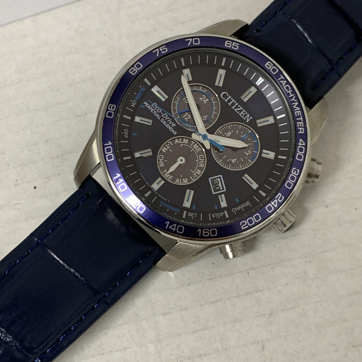 Citizen Men's Eco-Drive Alarm Perpetual Calendar Blue Dial Leather