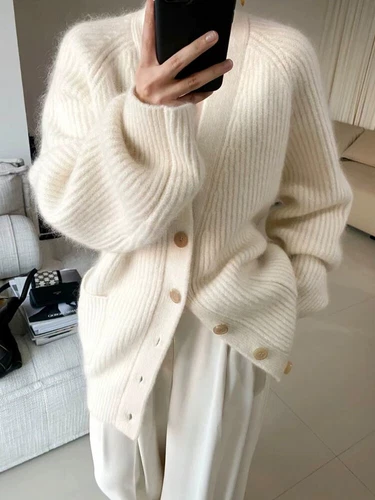 100% Wool Cashmere Cardigan Sweater Women Warm Loose Thicken Knit Sweater Jacket - Bild 5 von 13