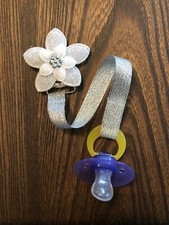 Shiny Silver & White Flower Pacifier holder clip strap,binky,paci leash-Handmade