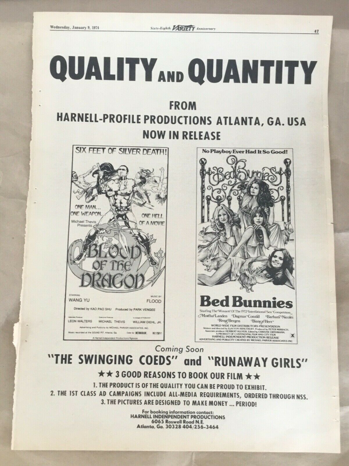 Harnell film print ad 1974 vintage 70s promo poster studio movie Blood of Dragon
