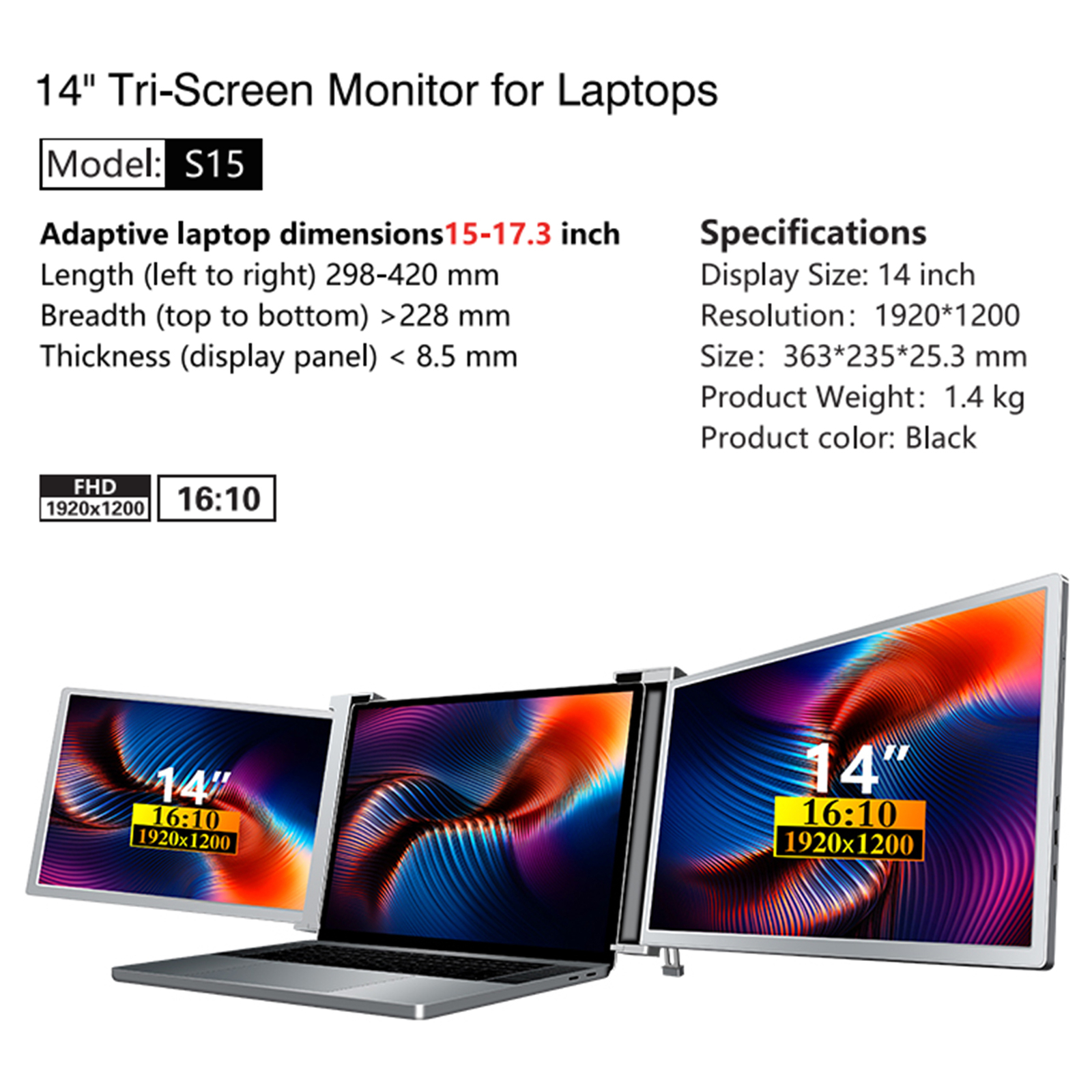 14 inch Portable Triple-screen Monitor Laptop Expansion Screen 1920*1200 B4B5