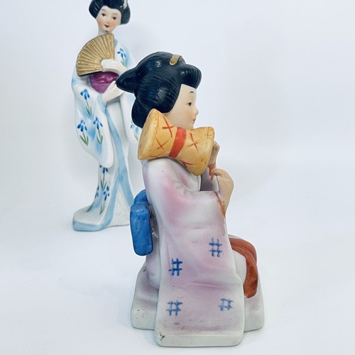 Vintage Porzellan Geisha Figur 2 Mädchen Fan Trommel Paar Ornamente handbemalt - Bild 7 von 18