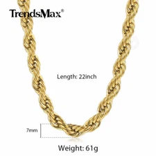 3-7MM Gold Plated Stainless Steel Diamond Cut Twisted Rope Chain Necklace 16-30"