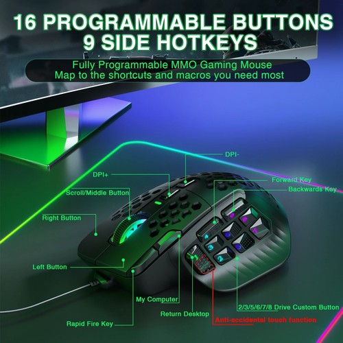 SOLAKAKA SM809 MMO Gaming Mouse 16 Buttons RGB Wired 22800DPI Honeycomb Macro - Picture 6 of 13