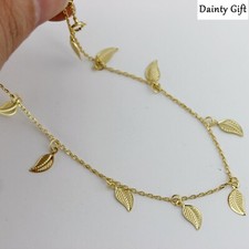 Women / Girl 925 Sterling Silver Dangle Gold Leaf Chain Anklet Bracelet 8-9.5"