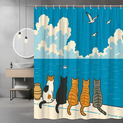 Cat Beach Scene Shower Curtain Ocean Sky Print