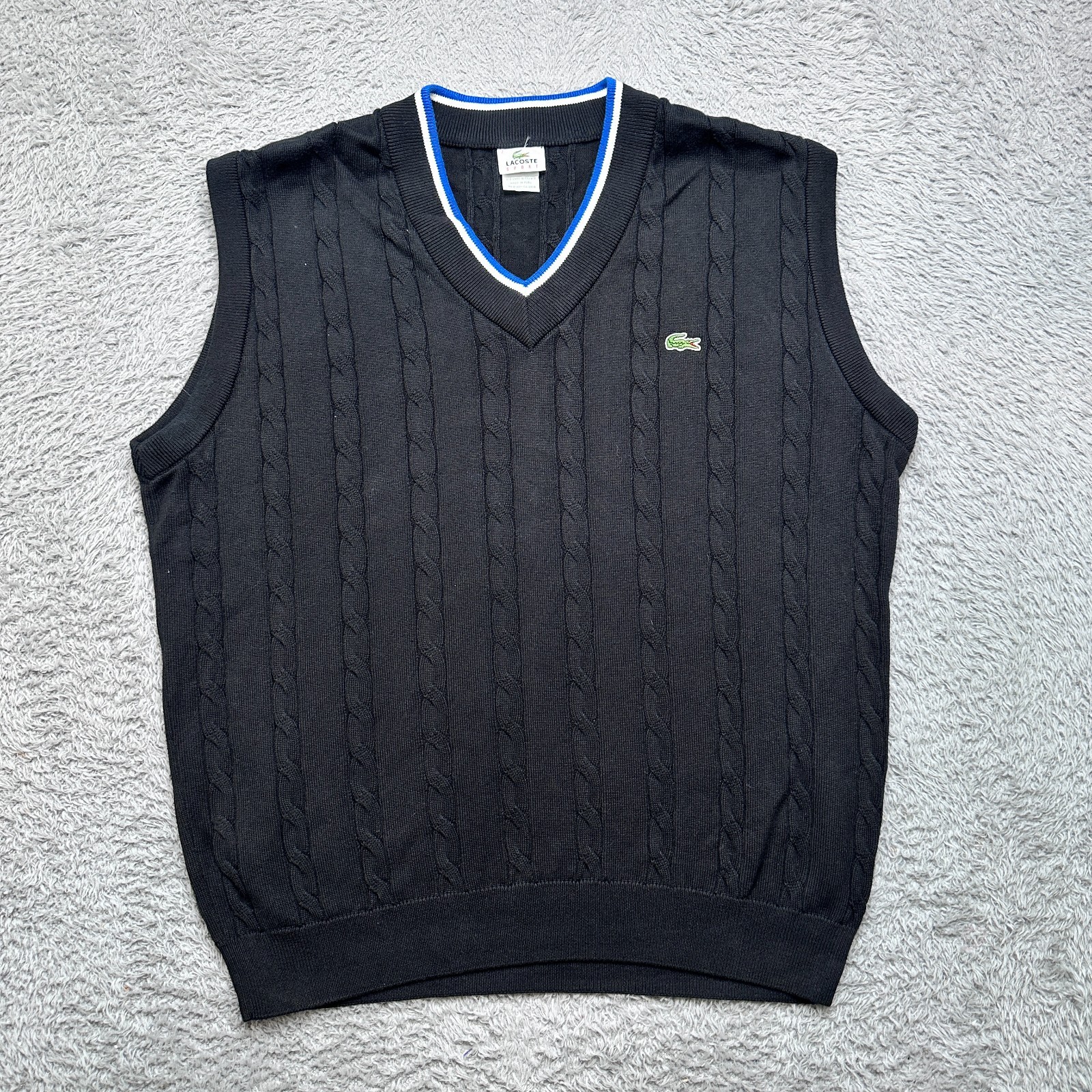 Lacoste Sweater Vest Cable Knit Mens XL 7 Black Cable Knit V-Neck
