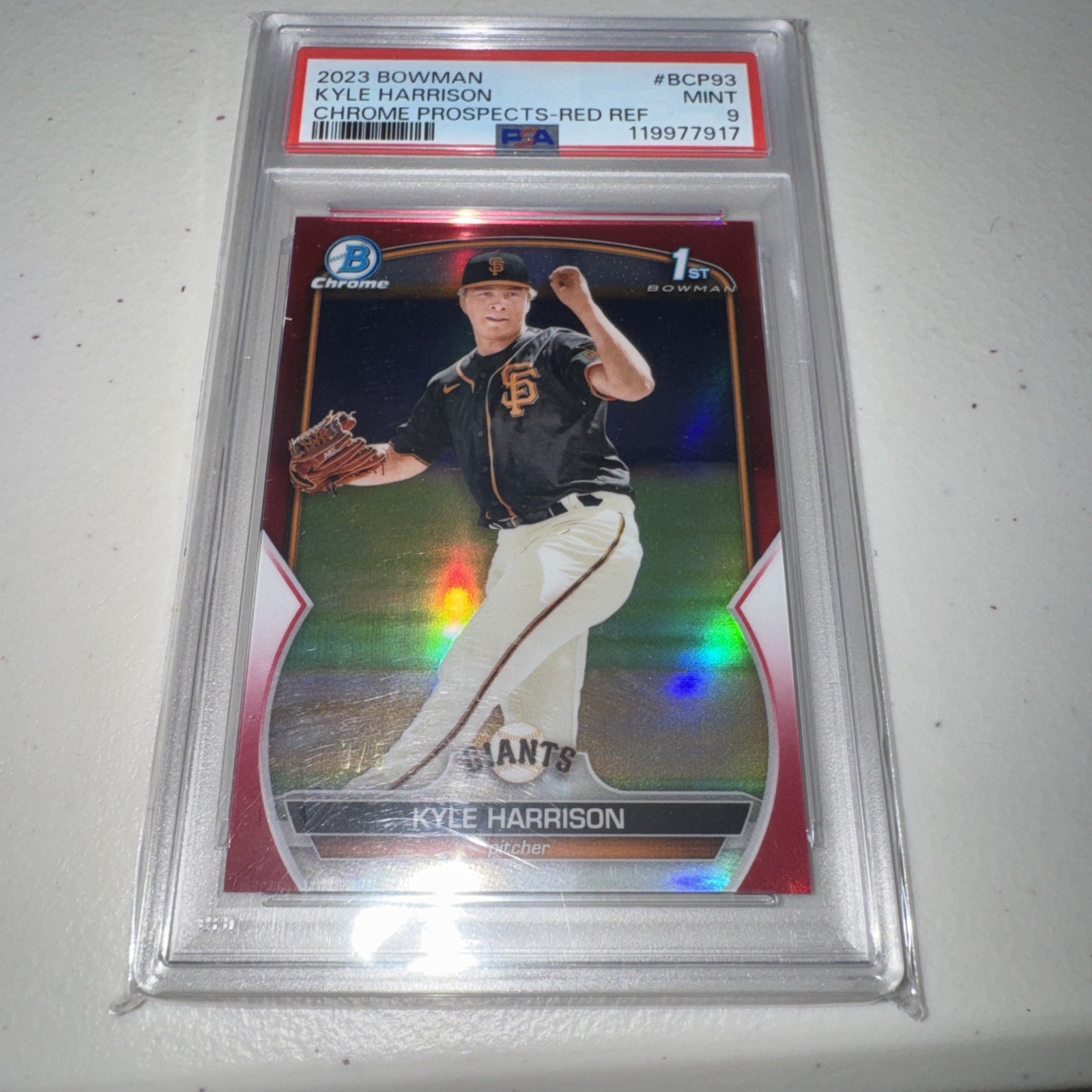 2023 Bowman Chrome Prospects Kyle Harrison #BCP-93 Red Refractor 3/5 (RC) PSA 9