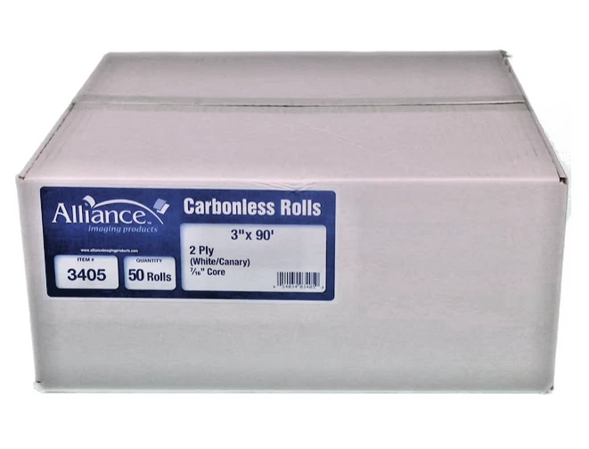 50 rollos - Rollo de recibo Alliance 2 capas sin carbono - 3" x 90' - Blanco/Canario 3405 Foto 2 de 4