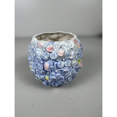 Blue Hydrangea Ceramic Planter 3D Floral Relief Succulent Pot with Drainage Hole