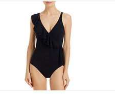 Gottex Ruffle Wrap Front Tummy Control One Piece Swimsuit Black Size 6 10417