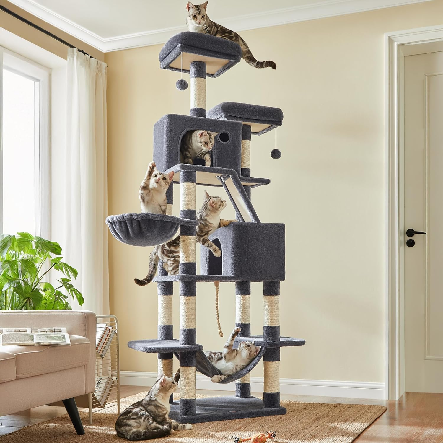 81.1-Inch Large Cat Tree with 13 Scratching Posts, 2 Perches & 2 Caves for Cats