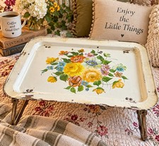 Vintage Floral Metal TV Lap Tray Folding Legs 17x12.5 Cottagecore Bed Tray