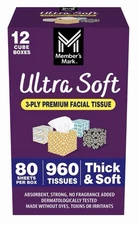 Member's Mark Ultra Soft 3-Ply Facial Tissues, Cube Boxes 80 tissues/box, 12 box