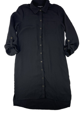 Sharagano Black Shirt Dress Women Size 6 Button Front Collared Roll Tab