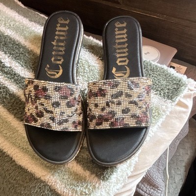Juicy Couture Women s Slide Sandals 9 Leather Animal Print Rhinestone